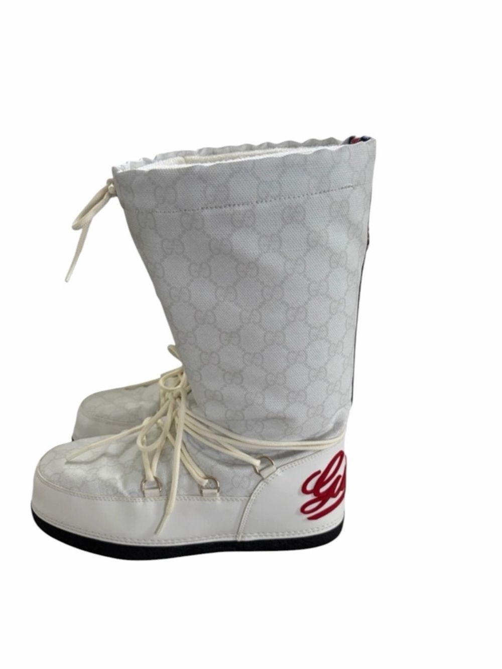 Gucci Cream & White Women's Lace-Up Winter Boots with Red Logo Size 37 - Picture 3 of 9